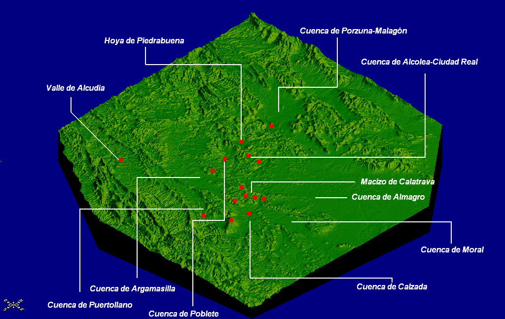 pincha en los cuadrados rojos y vers algunos volcanes del Campo de Calatrava